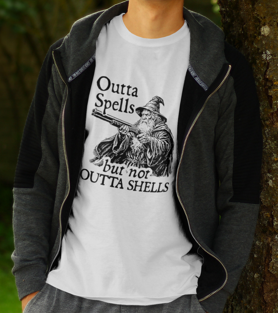 Outta Spells But Not Outta Shells Wizard With Shotgun T-Shirt