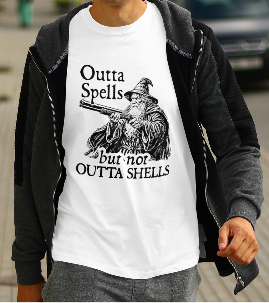 Outta Spells But Not Outta Shells Wizard With Shotgun T-Shirt