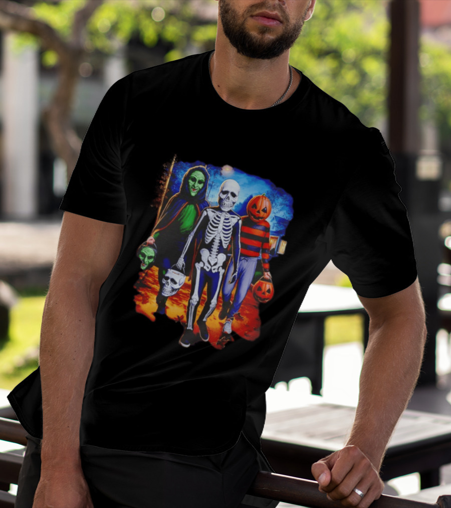 2026 Halloween Trick Or Treat Trio Skeleton Witch Pumpkin Night T-Shirt
