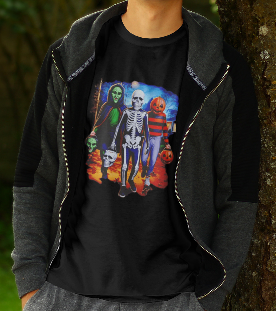 2026 Halloween Trick Or Treat Trio Skeleton Witch Pumpkin Night T-Shirt