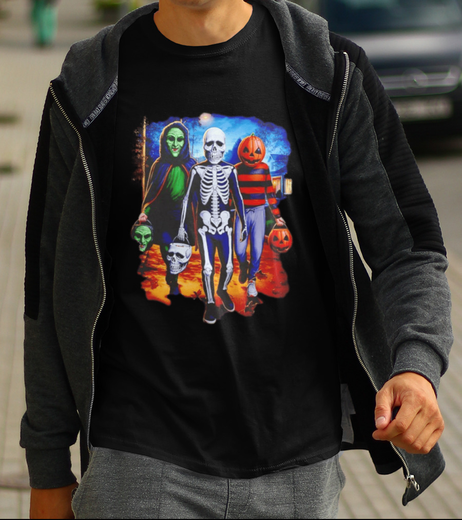 2026 Halloween Trick Or Treat Trio Skeleton Witch Pumpkin Night T-Shirt