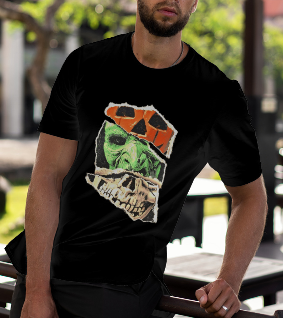 Halloween Trio Three Masks Horror Season Of The Witch Pumpkin Skull Green Mask T-Shirt