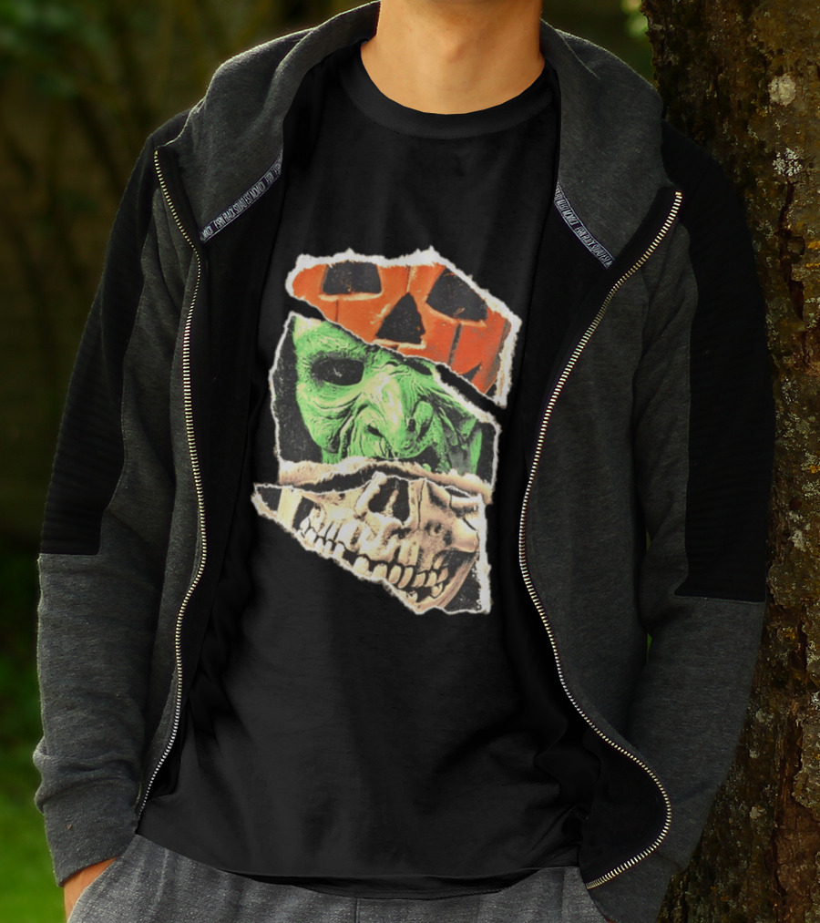 Halloween Trio Three Masks Horror Season Of The Witch Pumpkin Skull Green Mask T-Shirt