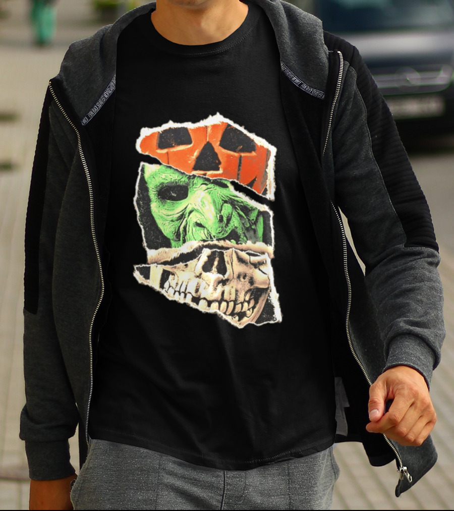 Halloween Trio Three Masks Horror Season Of The Witch Pumpkin Skull Green Mask T-Shirt