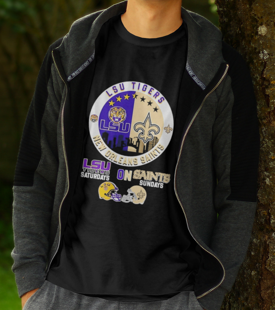LSU Tigers New Orleans Saints Skyline Helmet Celebration Saturdays Sundays T-Shirt