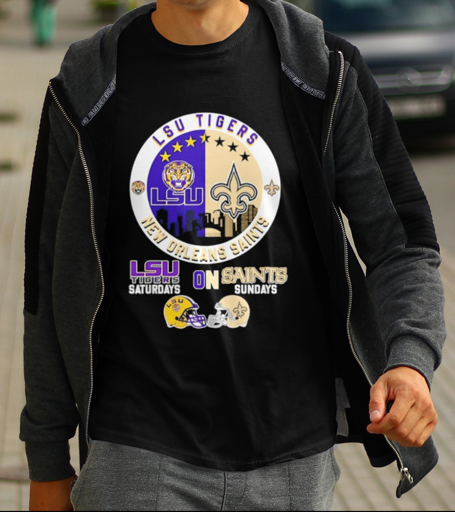 LSU Tigers New Orleans Saints Skyline Helmet Celebration Saturdays Sundays T-Shirt
