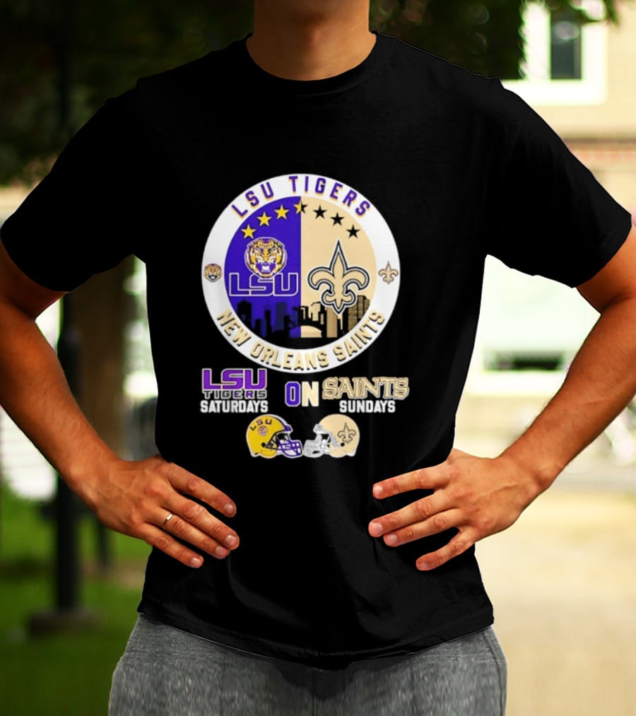 LSU Tigers New Orleans Saints Skyline Helmet Celebration Saturdays Sundays T-Shirt