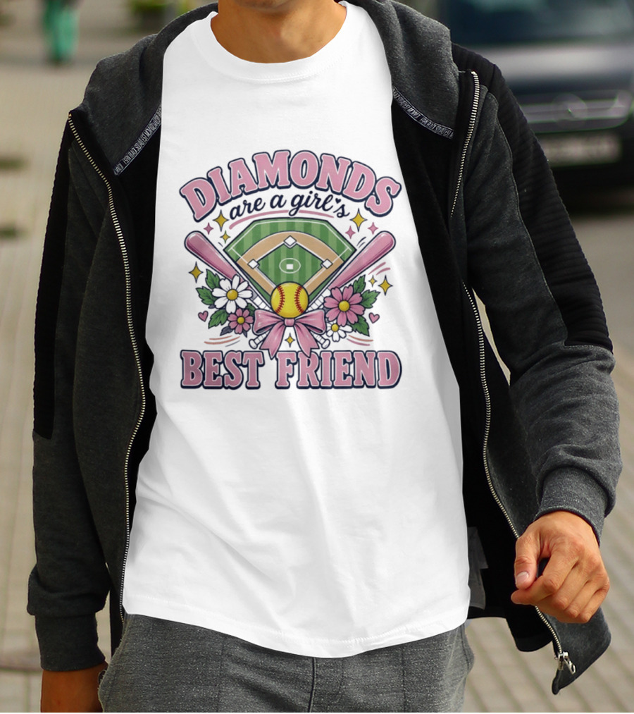 Diamonds Are A Girl's Best Friend Softball Field Pink Bats Floral Stars T-Shirt