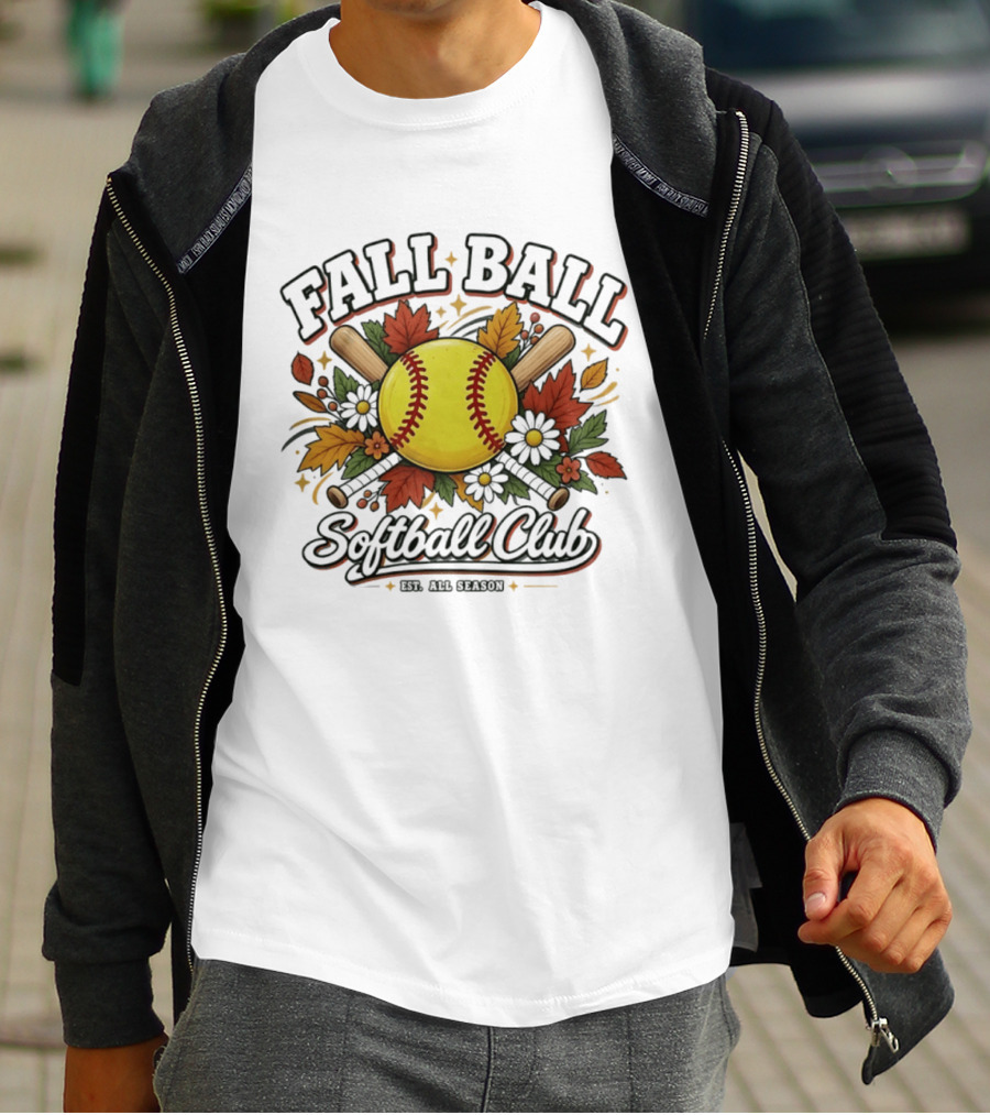 Fall Ball Softball Club Established All Season Autumn Leaves And Bats T-Shirt