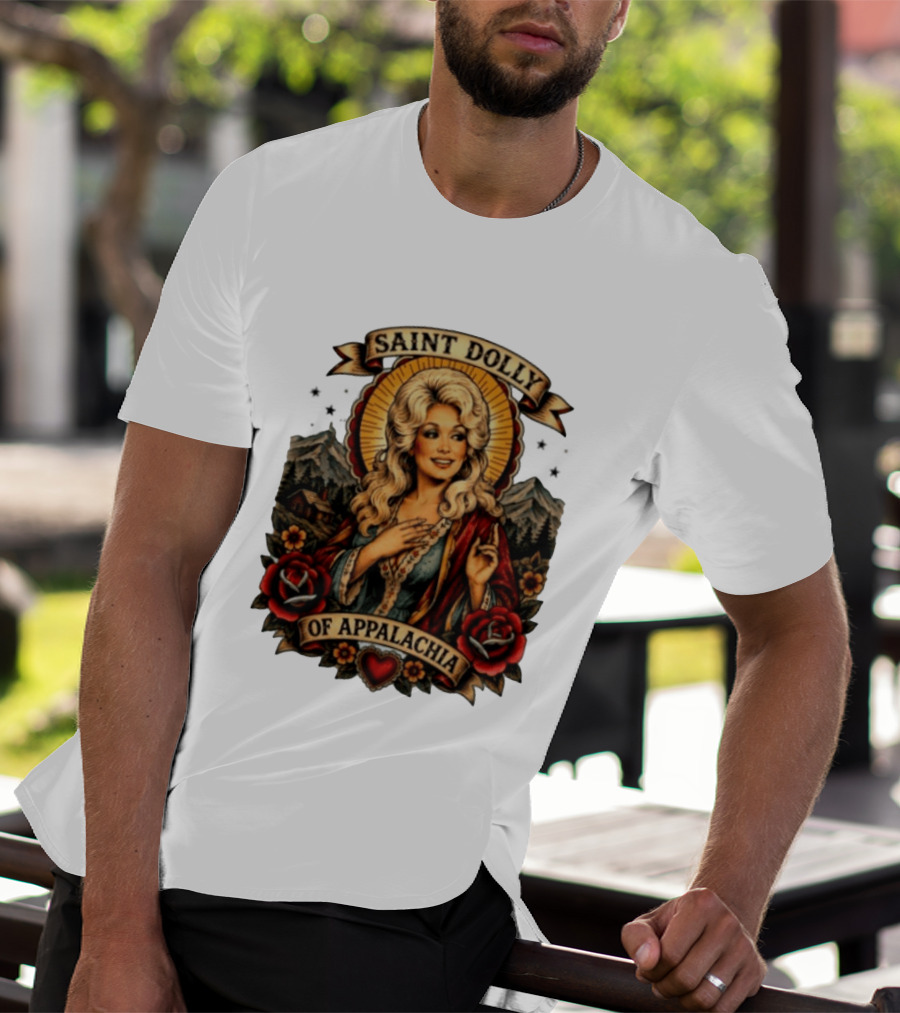 Saint Dolly Of Appalachia Iconic Tribute With Roses And Mountains T-Shirt