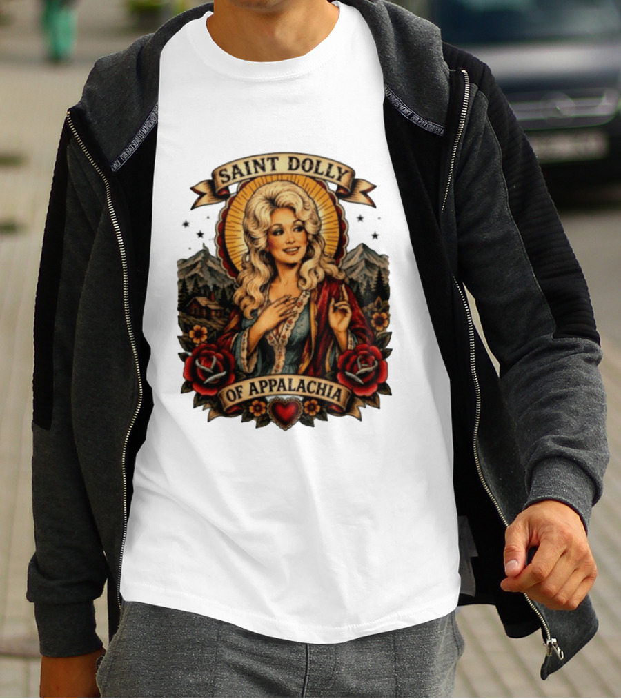 Saint Dolly Of Appalachia Iconic Tribute With Roses And Mountains T-Shirt