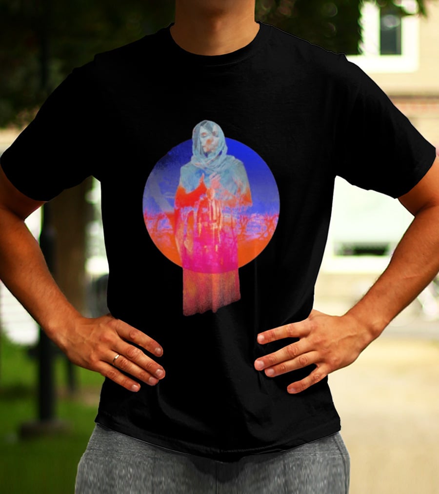 Hot Spot Eclipse Surreal Mystical Figure Eerie Hooded Apparition In Vibrant Color Spectrum T-Shirt