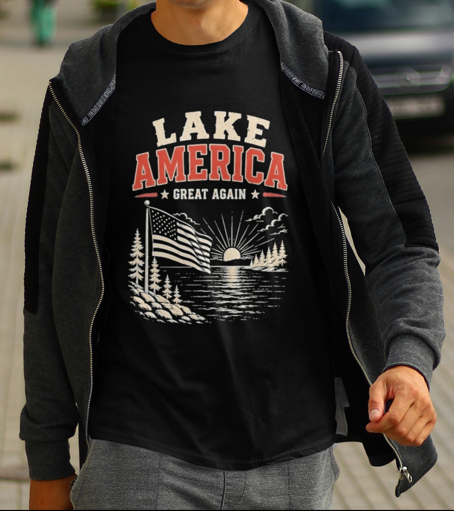 Lake America Great Again With Sunset And Flag Scene T-Shirt