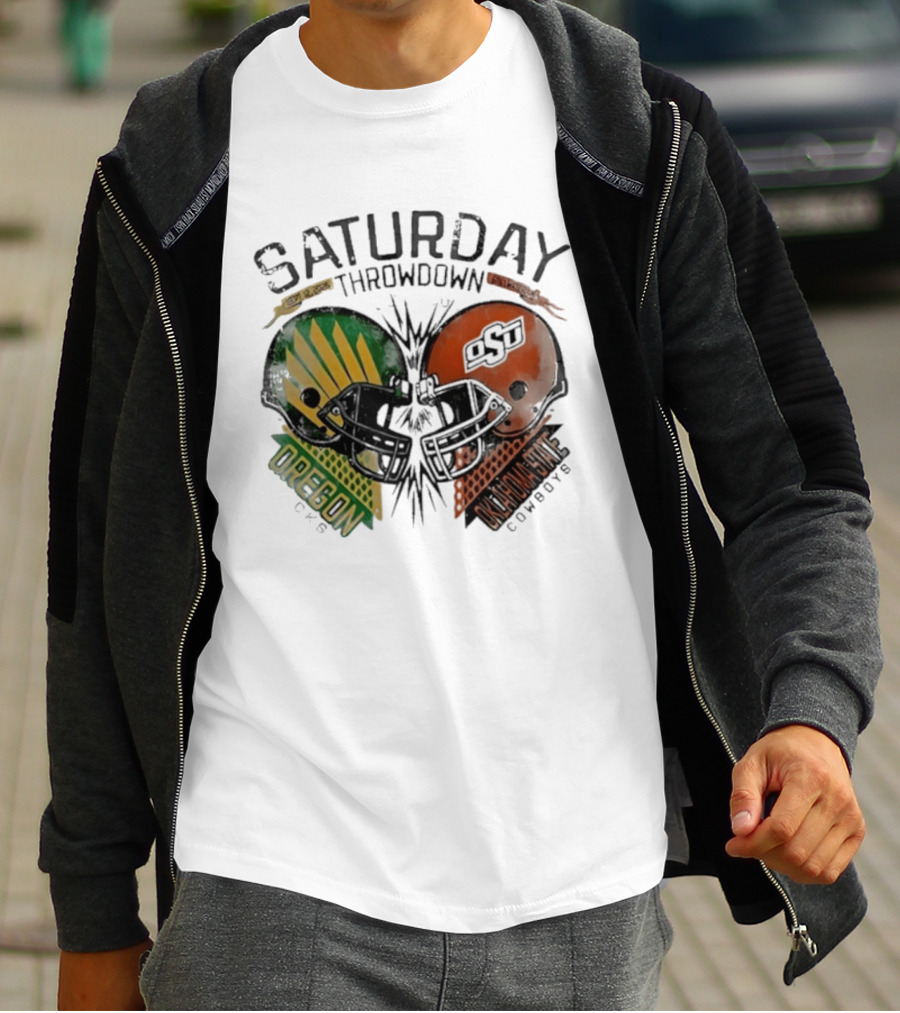Oklahoma State Vs Oregon Saturday Throwdown 2026 Helmet Clash T-Shirt