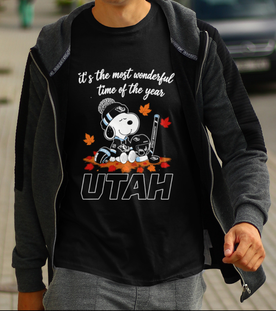 It's The Most Wonderful Time Of The Year Utah Snoopy Hockey Autumn Leaves T-Shirt