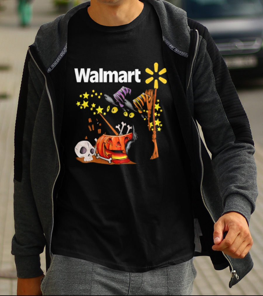 Walmart Halloween 2026 Black Cats With Witch Hats Pumpkin Skull And Stars T-Shirt
