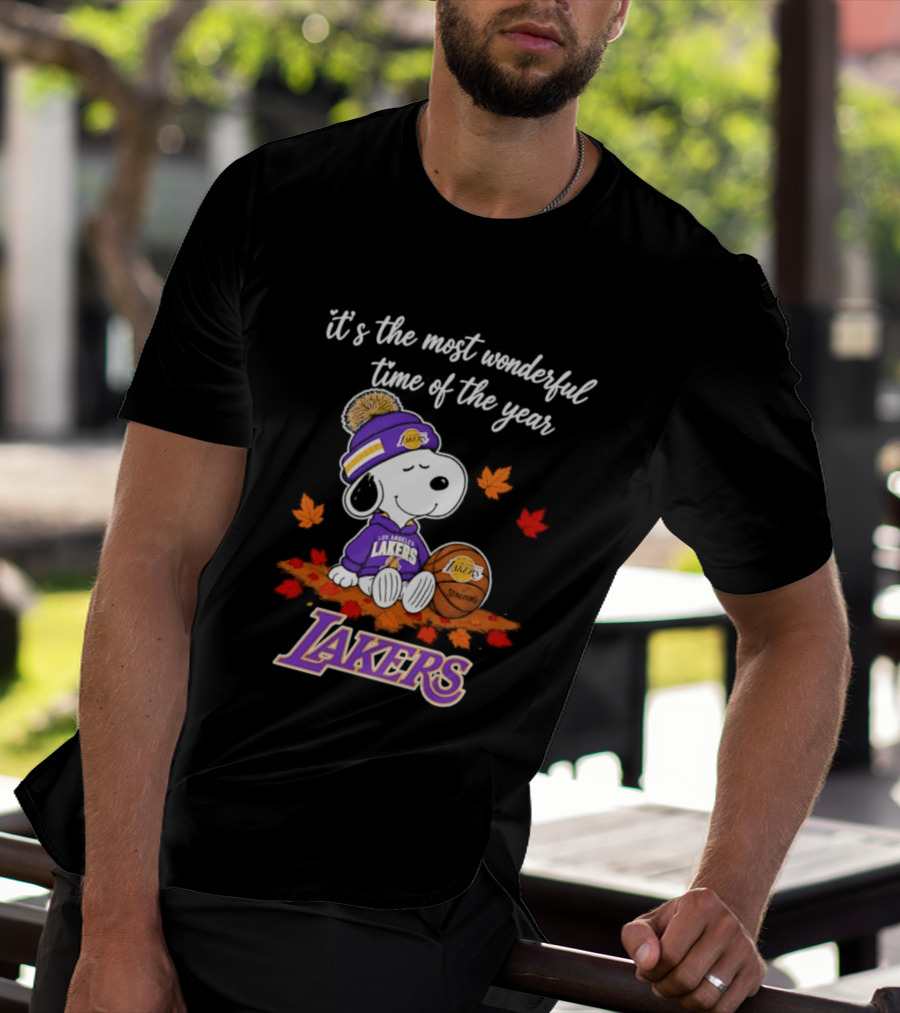 Los Angeles Lakers Snoopy Halloween 2026 It's The Most Wonderful Time Of The Year Peanuts Basketball Fall Leaves T-Shirt