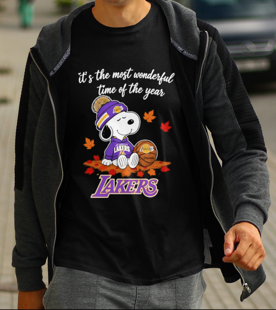 Los Angeles Lakers Snoopy Halloween 2026 It's The Most Wonderful Time Of The Year Peanuts Basketball Fall Leaves T-Shirt