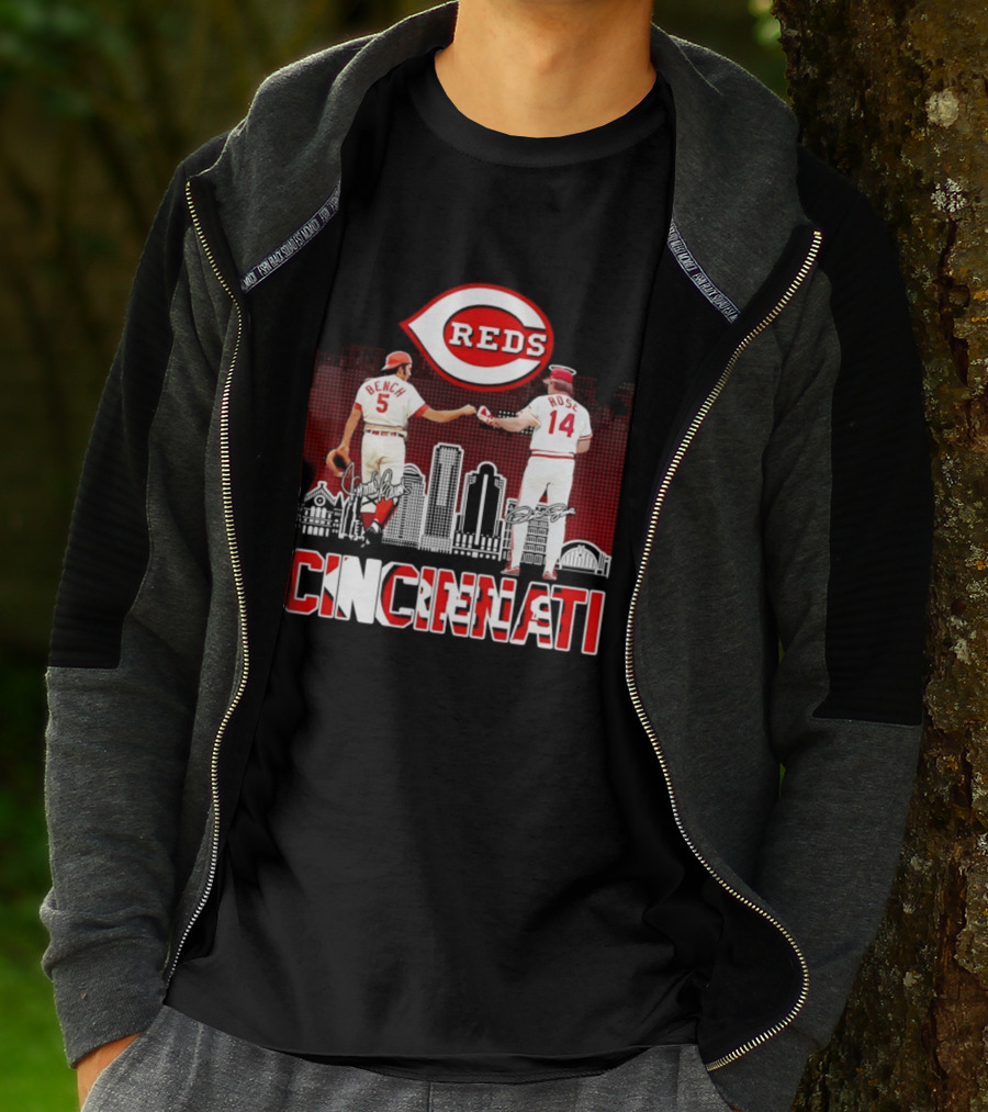 Cincinnati Reds Bench And Rose Skyline Signatures T-Shirt