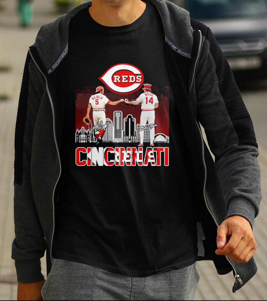 Cincinnati Reds Bench And Rose Skyline Signatures T-Shirt