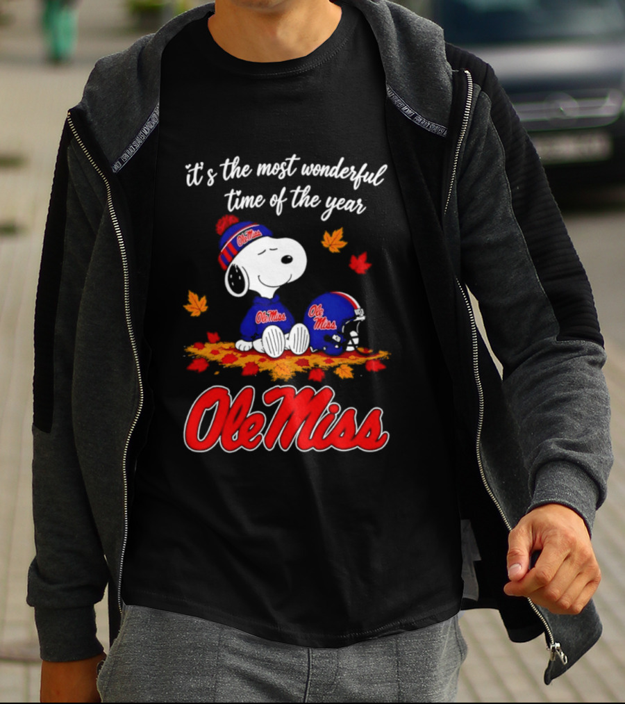 Ole Miss Snoopy It's The Most Wonderful Time Of The Year Fall Leaves T-Shirt