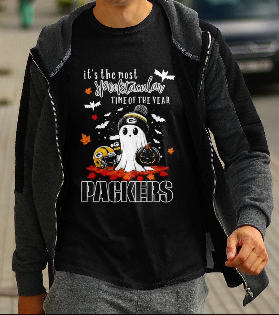 Packers Halloween Ghost Helmet It's The Most Spooktacular Time Of The Year T-Shirt