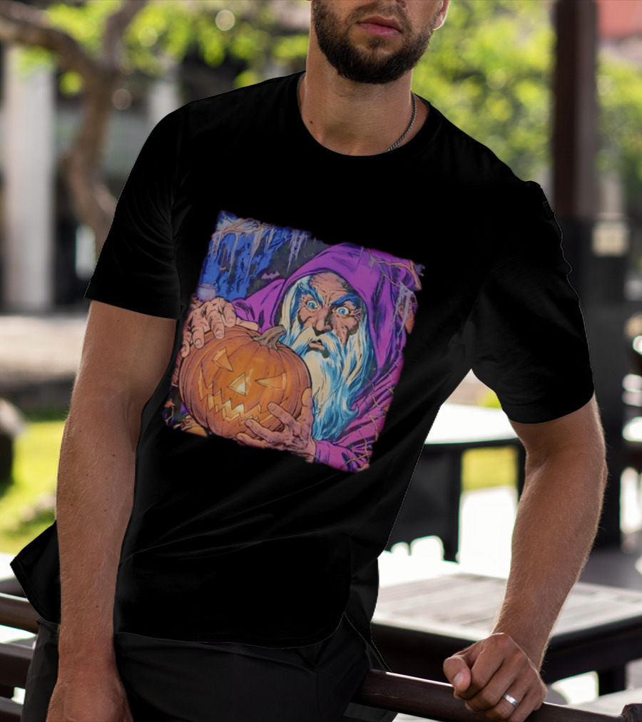 Pondering The Pumpkin Halloween Wizard With Jack O' Lantern 2026 T-Shirt