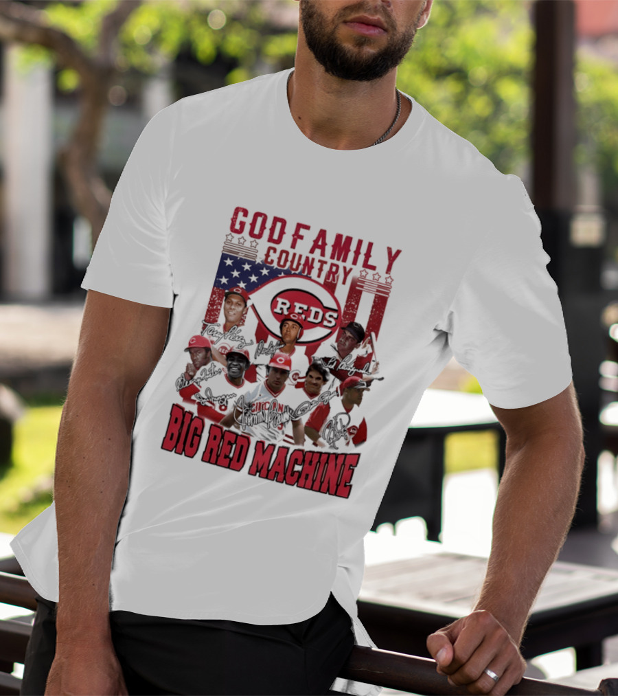 Cincinnati Reds God Family Country Big Red Machine Reds Signatures T-Shirt