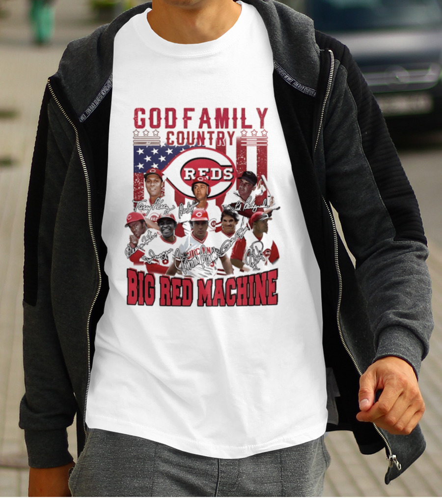 Cincinnati Reds God Family Country Big Red Machine Reds Signatures T-Shirt