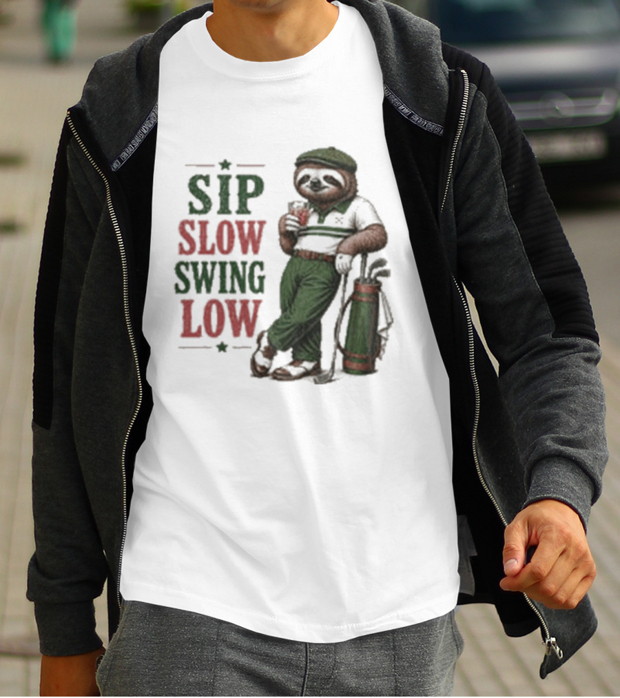 Sip Slow Swing Low Sloth Golfer Drinking Relaxed Golf T-Shirt