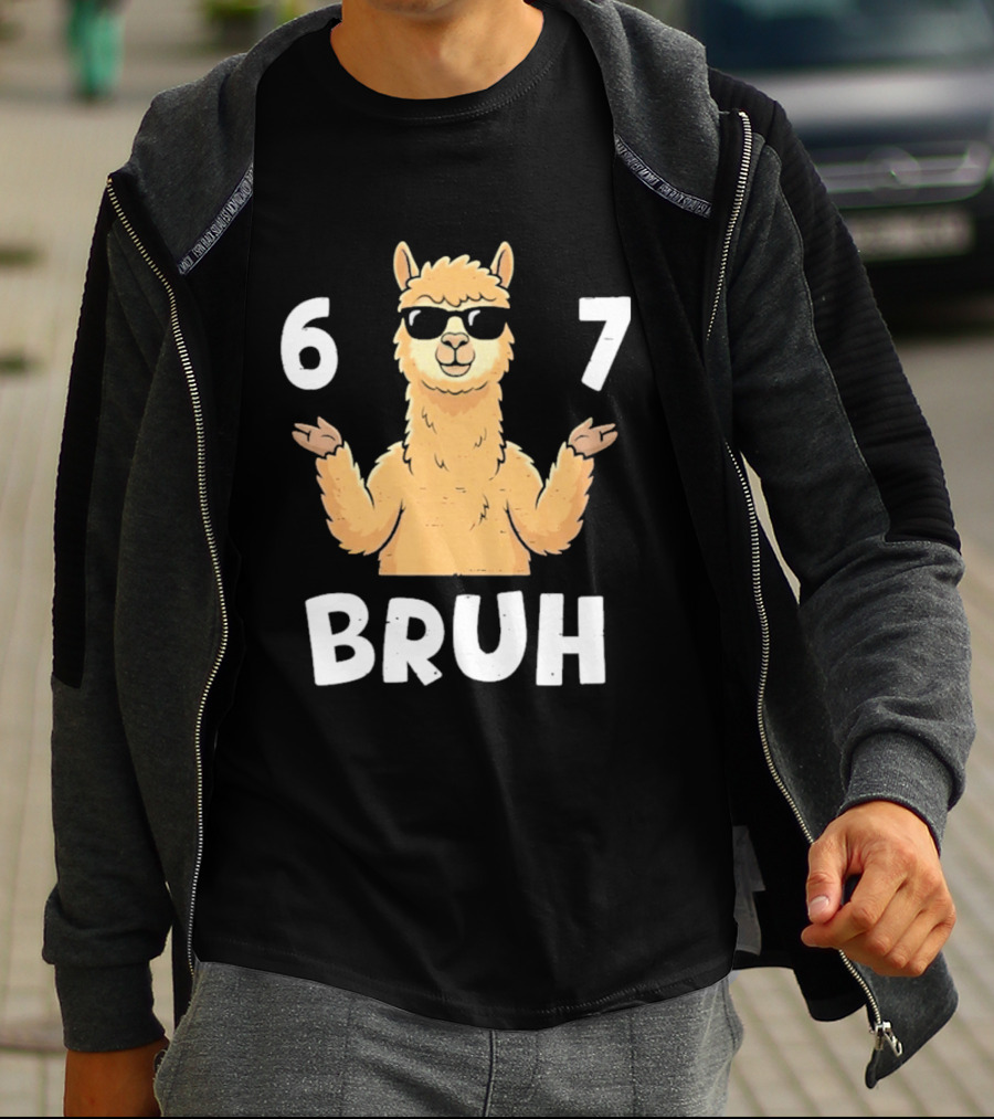 6 7 Bruh Llama Sunglasses Shrug T-Shirt