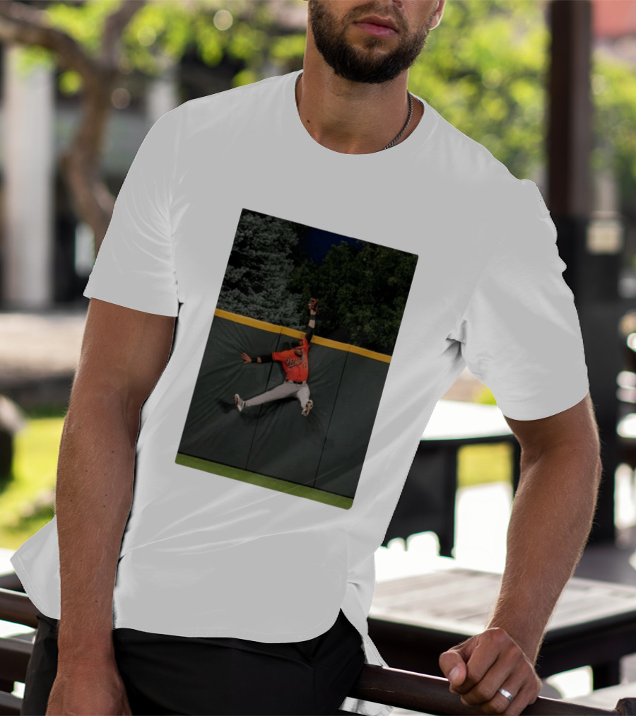 Colton Cowser Catch At Wall Wearing Red O's Jersey In Field Action T-Shirt