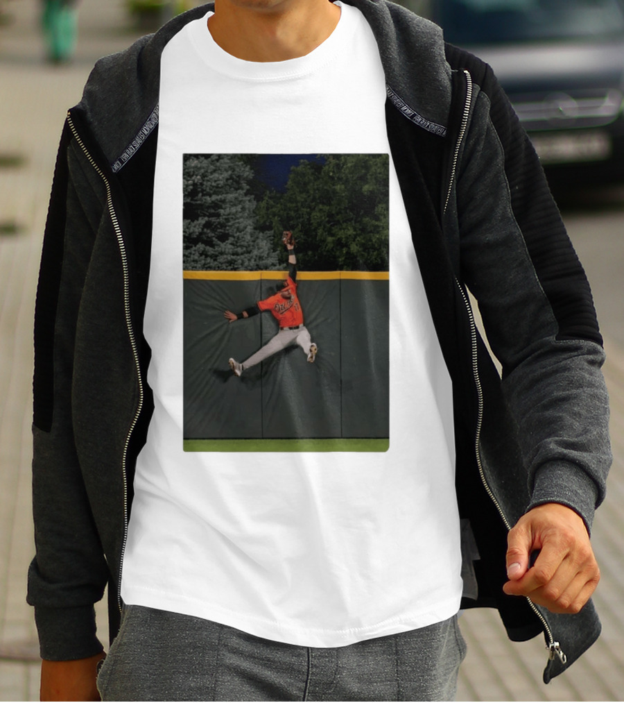 Colton Cowser Catch At Wall Wearing Red O's Jersey In Field Action T-Shirt