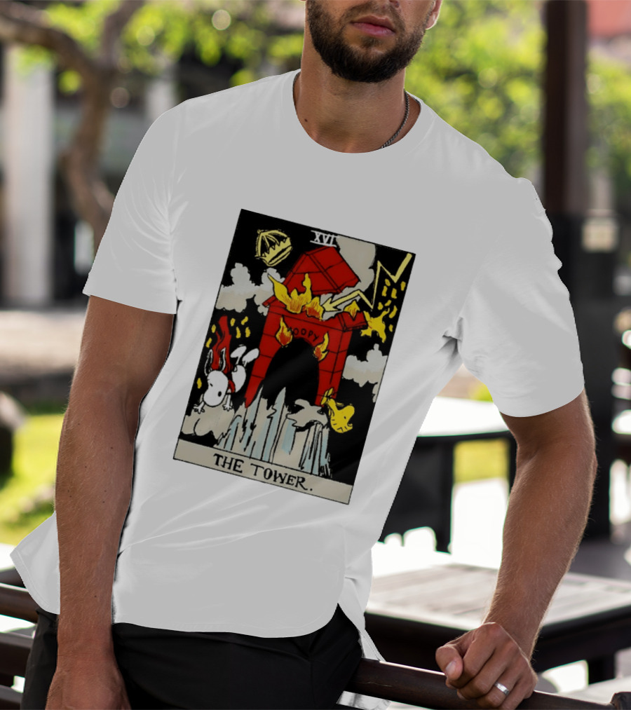 Snoopy The Tower Tarot Card XVII Lightning Flames Clouds Woodstock T-Shirt