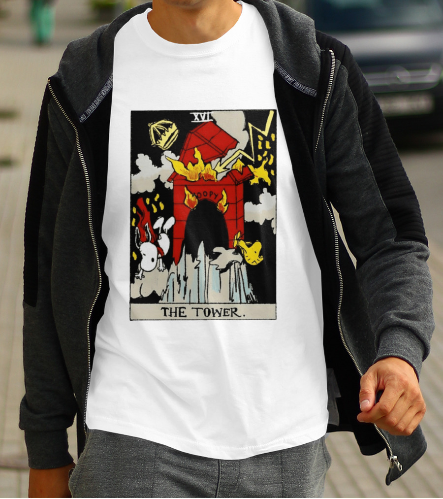 Snoopy The Tower Tarot Card XVII Lightning Flames Clouds Woodstock T-Shirt
