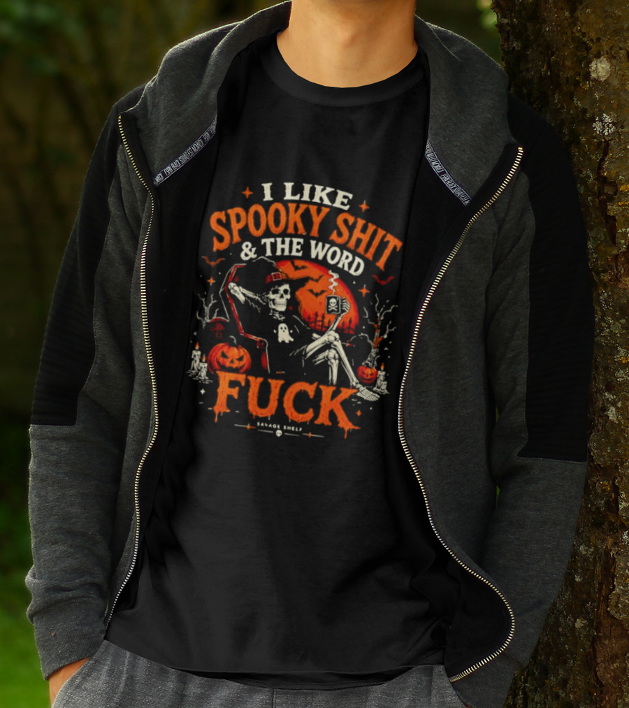 I Like Spooky Shit And The Word Fuck Halloween Skeleton Pumpkin Scene T-Shirt