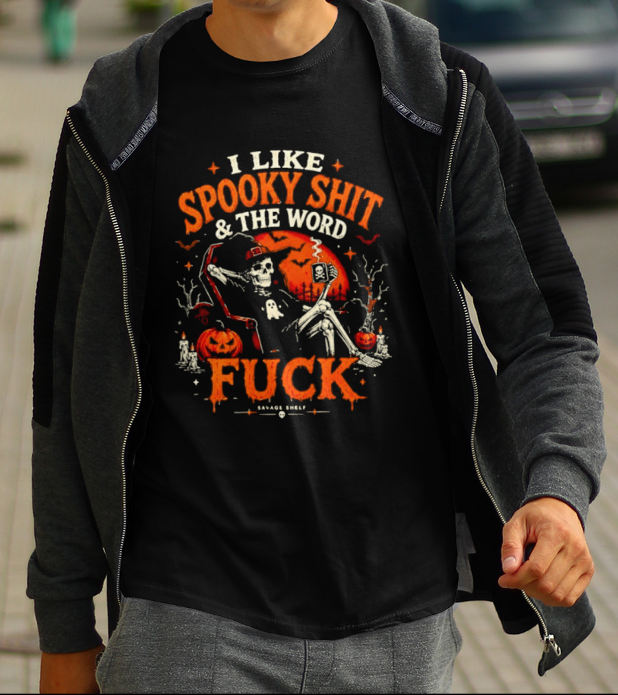 I Like Spooky Shit And The Word Fuck Halloween Skeleton Pumpkin Scene T-Shirt