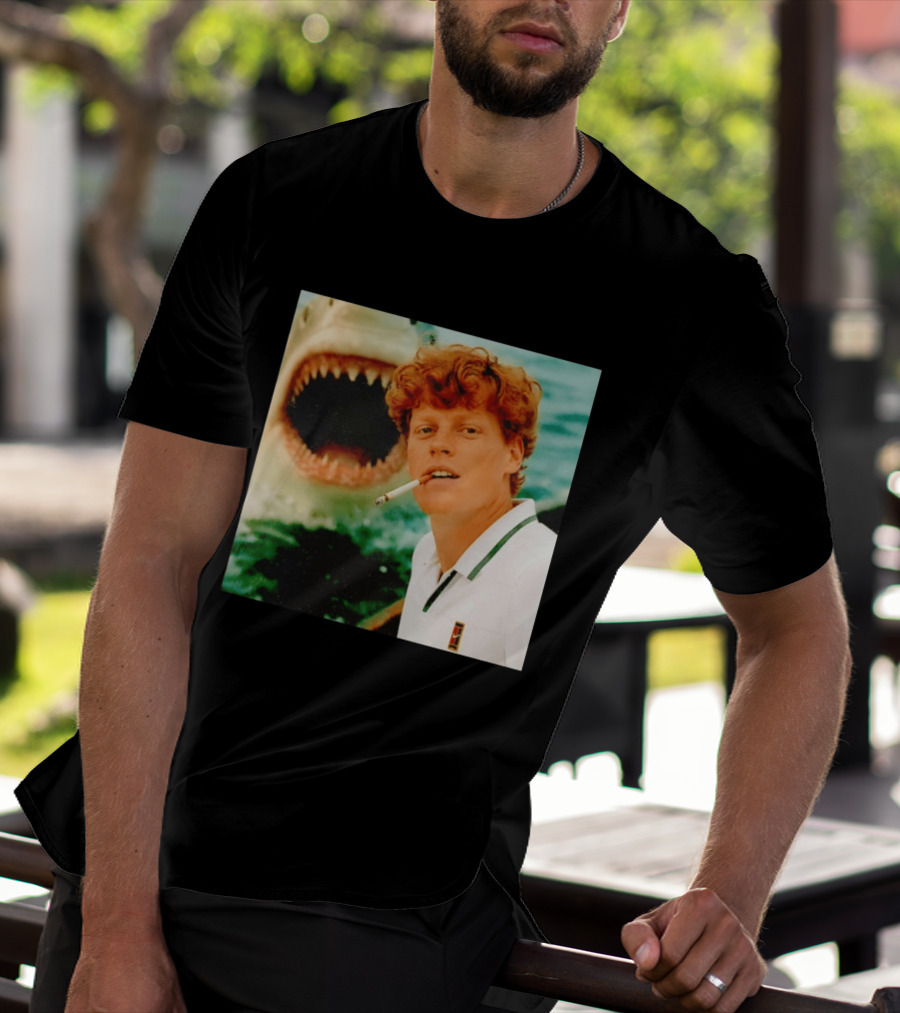 Jannik Sinner Smoking With Jaws Shark Behind T-Shirt