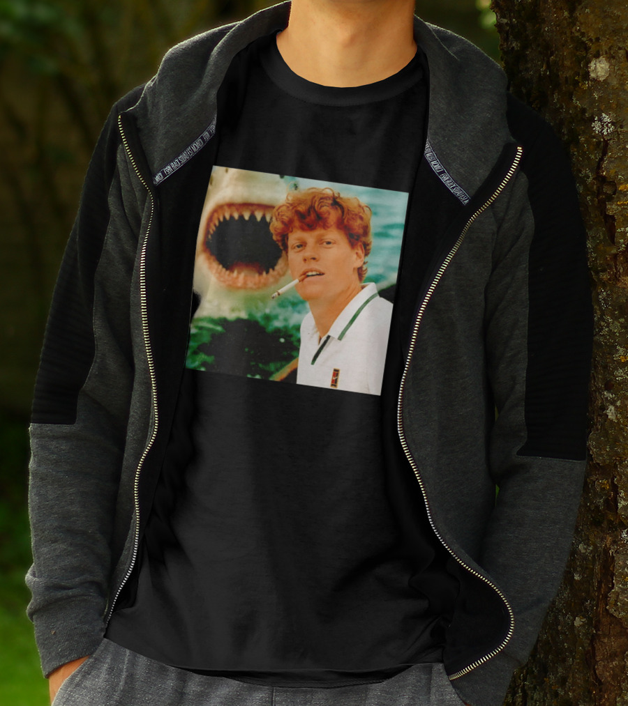 Jannik Sinner Smoking With Jaws Shark Behind T-Shirt