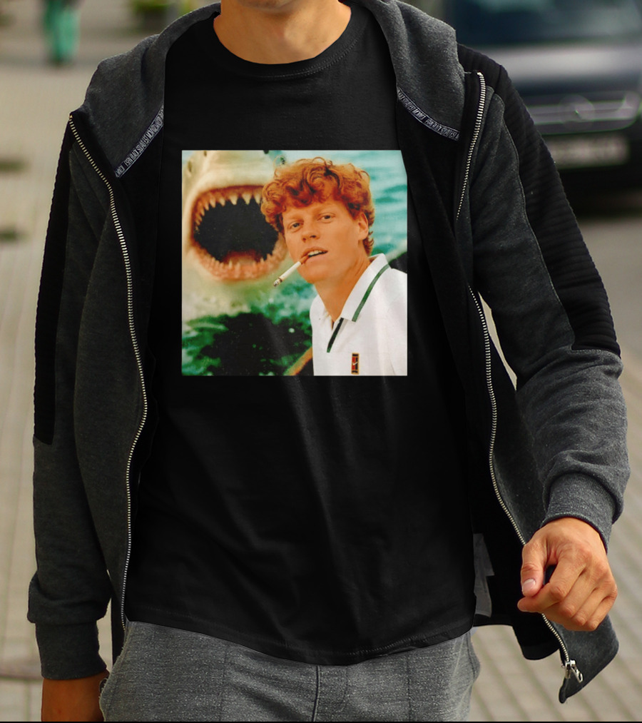 Jannik Sinner Smoking With Jaws Shark Behind T-Shirt