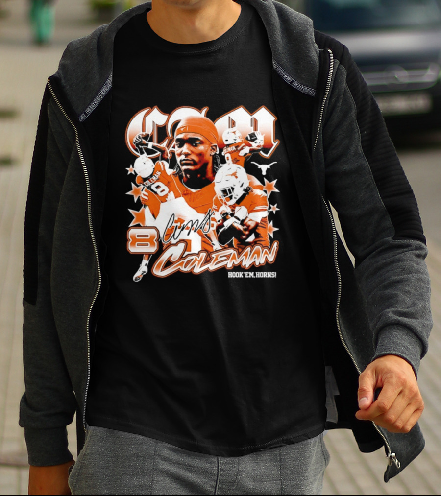 Cameron Coleman 8 Texas Longhorns NCAA Football Star Player Action T-Shirt