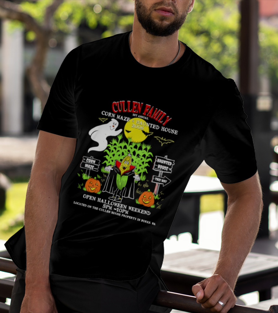 Cullen Family 1st Annual Corn Maze And Haunted House 2008 Halloween Weekend Event Promo With Ghosts And Pumpkins T-Shirt