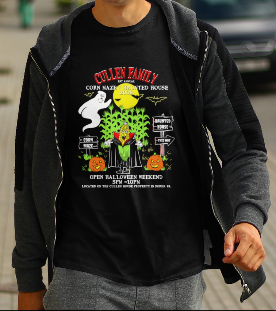 Cullen Family 1st Annual Corn Maze And Haunted House 2008 Halloween Weekend Event Promo With Ghosts And Pumpkins T-Shirt