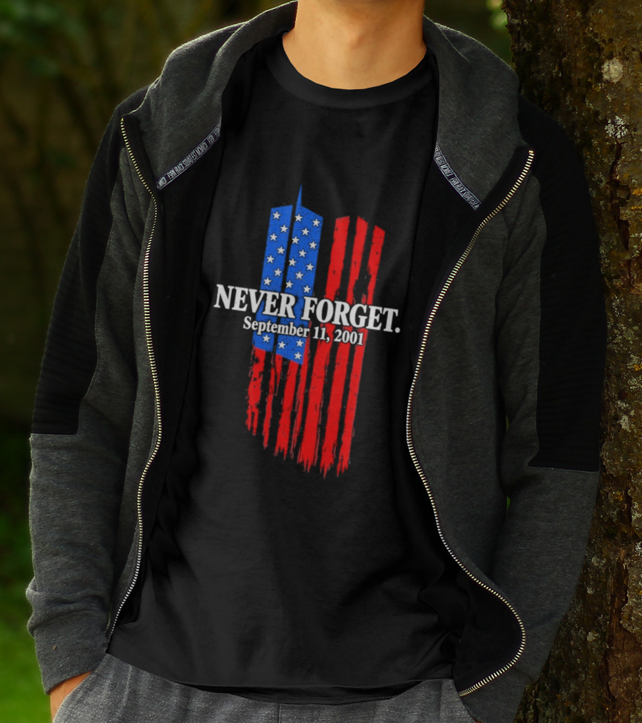 Never Forget September 11 2001 Memorial With American Flag Stars And Stripes Twin Towers T-Shirt