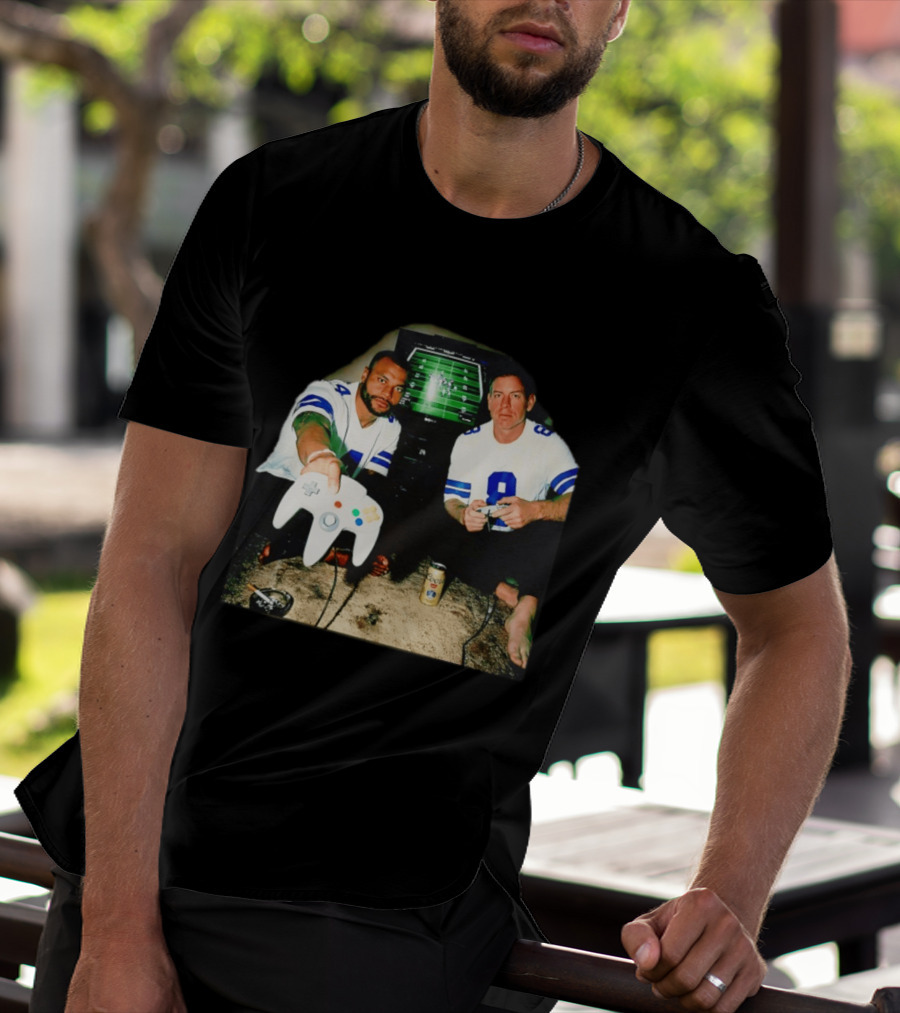 Dak Prescott Troy Aikman Dallas Cowboys Retro Gaming Session T-Shirt