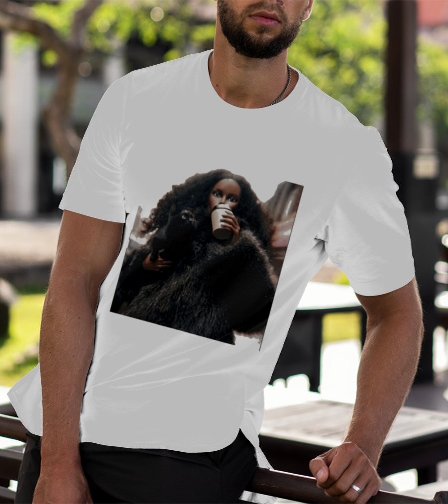 Diana's Cat Club Fashionable Coffee Moment With Furry Coat And Black Cat T-Shirt