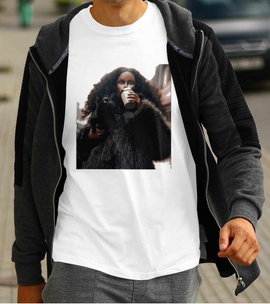 Diana's Cat Club Fashionable Coffee Moment With Furry Coat And Black Cat T-Shirt