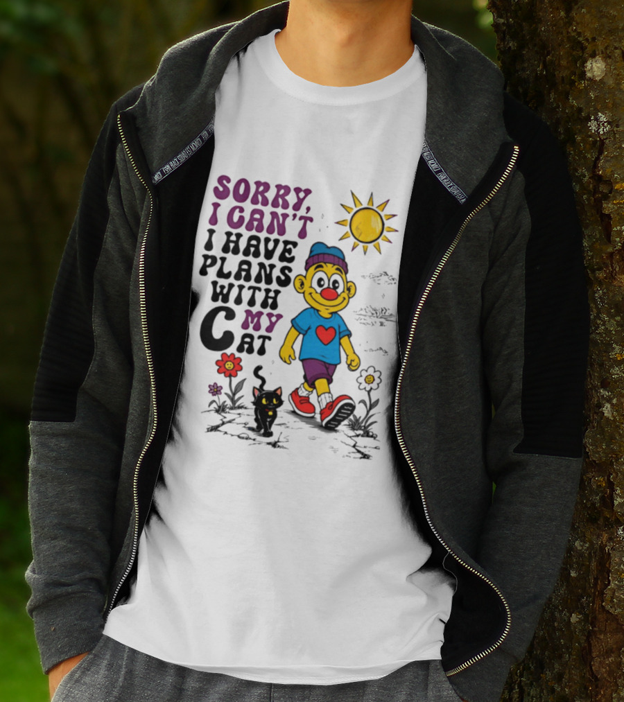 Sorry I Can't I Have Plans With My Cat Smiling Cartoon Character And Cat Sun And Flowers T-Shirt