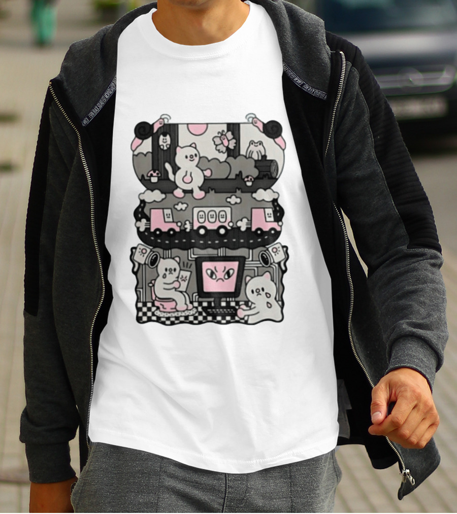 Surveillance Cat Life Internet Digital Computer Monitoring Cute Pink Scene T-Shirt