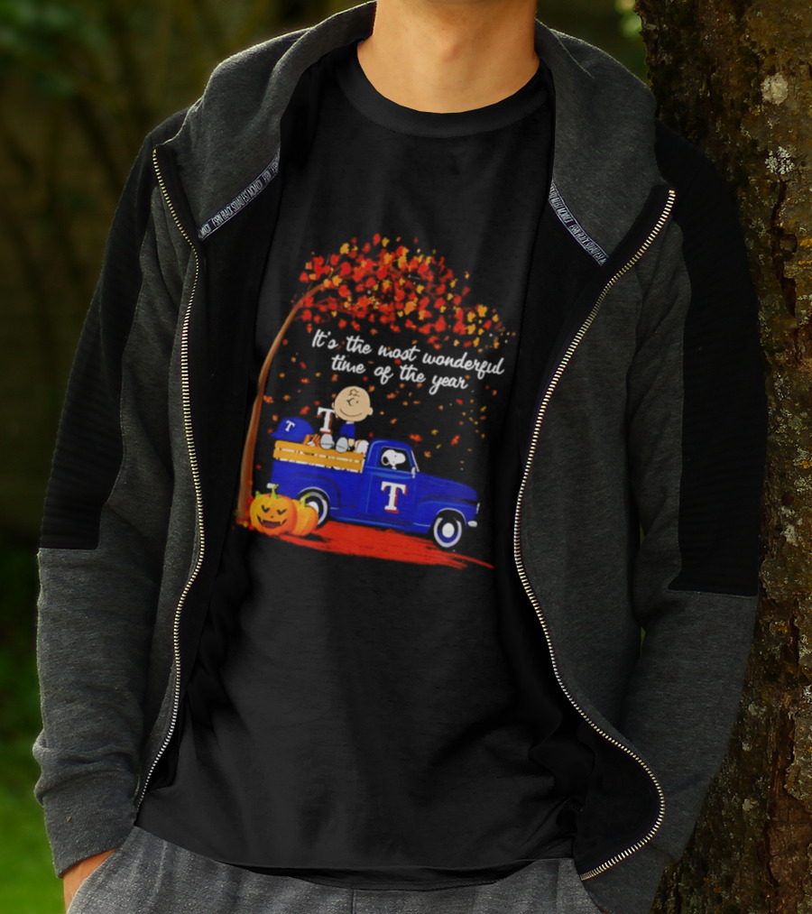 Snoopy Charlie Brown Texas Rangers Halloween 2026 It's The Most Wonderful Time Of The Year Truck Pumpkins T-Shirt